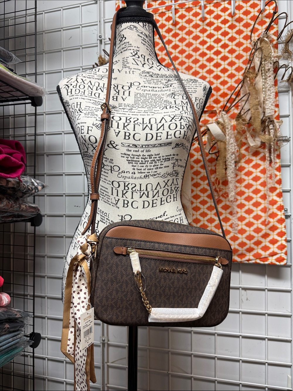 Michael Kors Brown Monogram Crossbody with Tan Trim and Gold Hardware